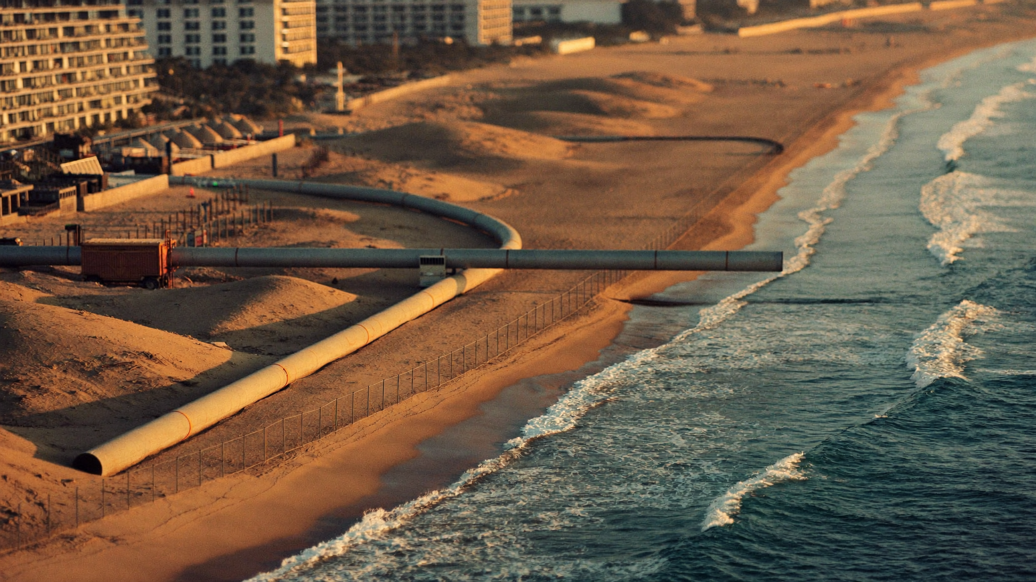 Vista aérea de South Padre Island con tubería industrial de planta desalinizadora junto a zona de hoteles y playa turquesa