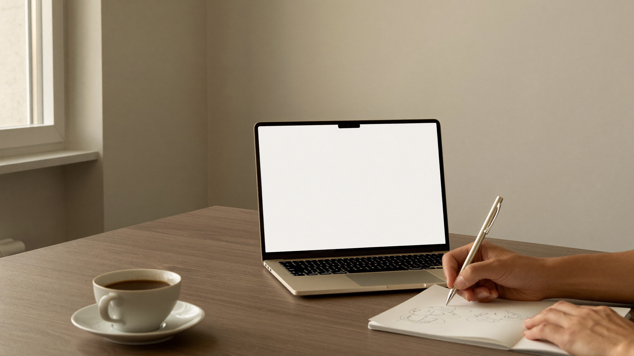 Manos escribiendo en una libreta junto a una laptop, escritorio de oficina con luz natural
